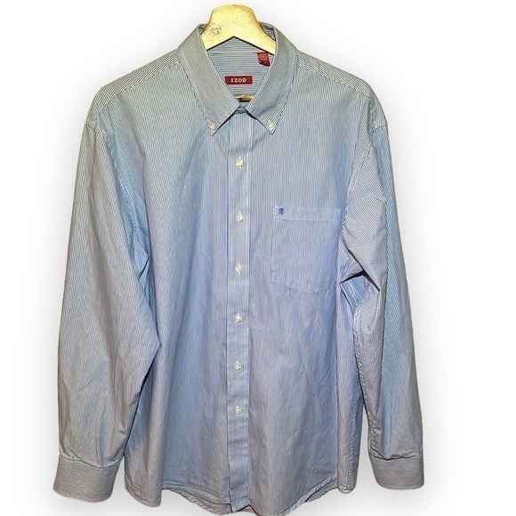 Izod Blue and White Striped Long Sleeve Button Down - Picture 2 of 10